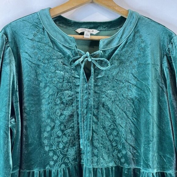 Pioneer Woman XL Emerald Geen Velour Tunic Top Peasant Embroidered Long Sleeve - Picture 3 of 5